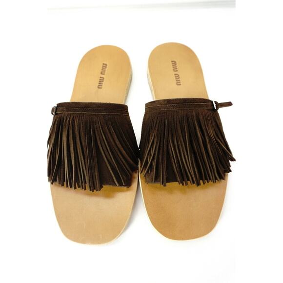 Miu Miu Fringe Brown Suede Mule Sandals Size 36.5 - Picture 4 of 9